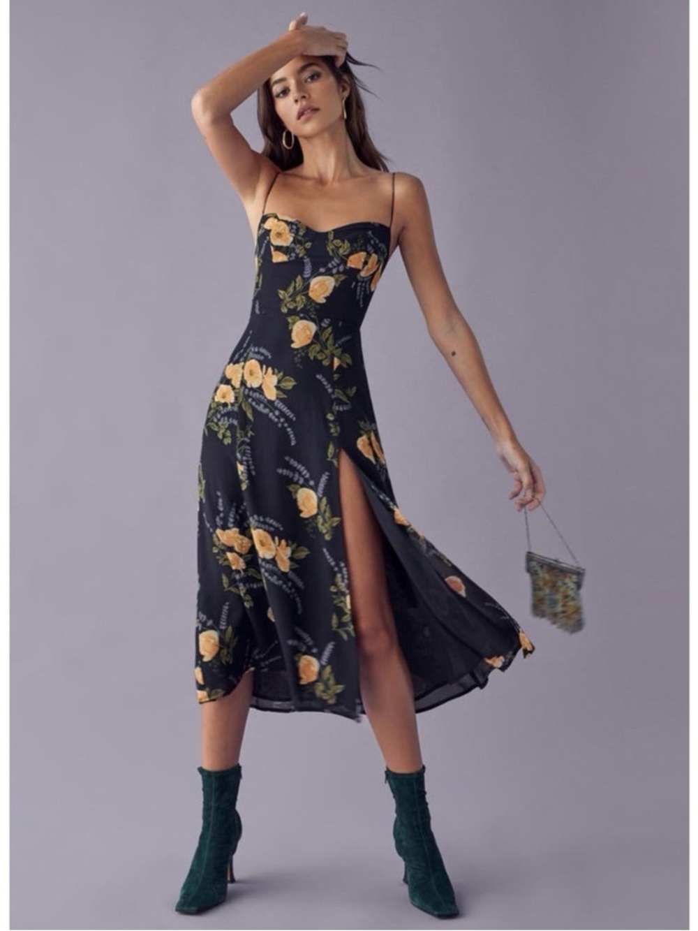 Reformation Black Floral Midi Dress with Yellow Roses